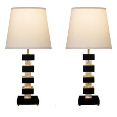 Artisan Pair of Black and Clear Murano Glass Cube Table Lamps
