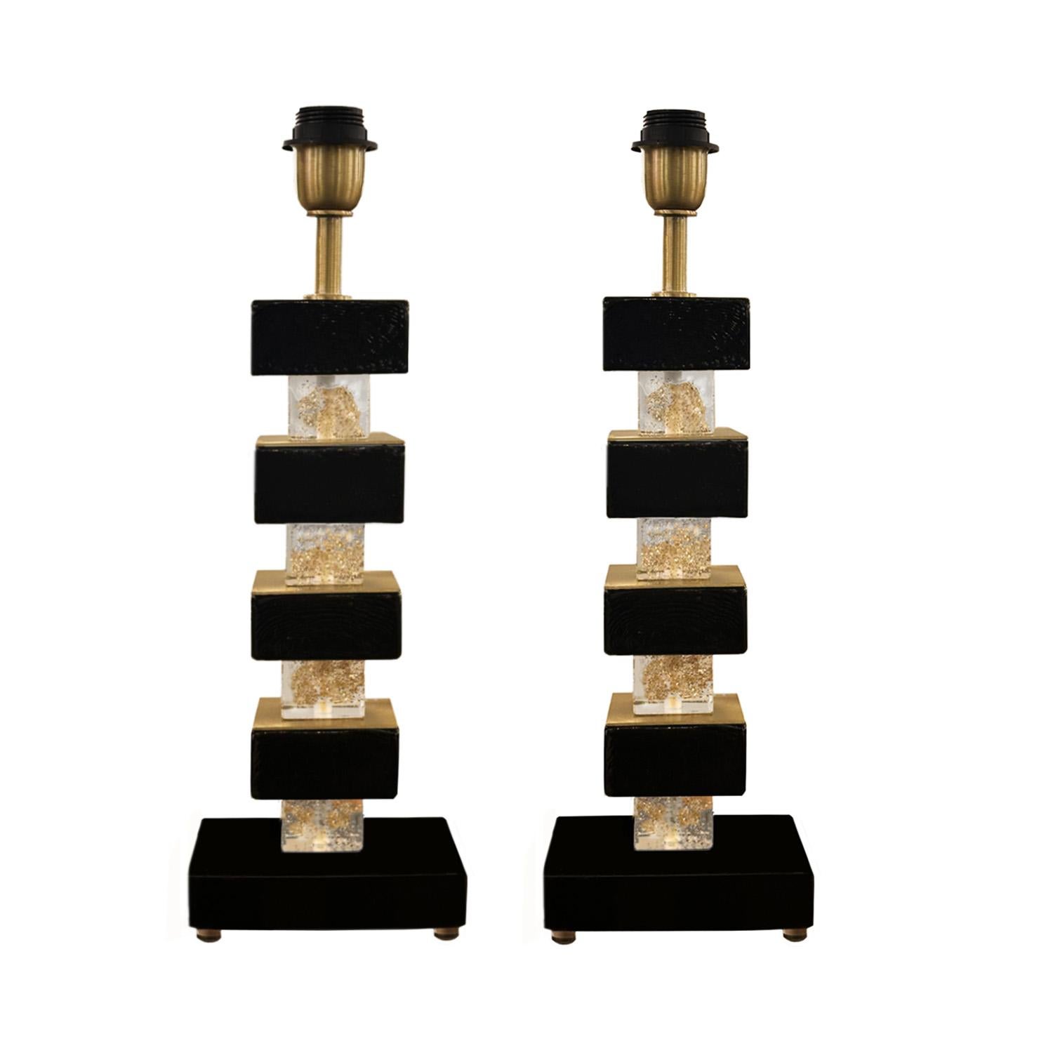 Moderne Paire de lampes de table cubiques en verre de Murano noir et transparent en vente