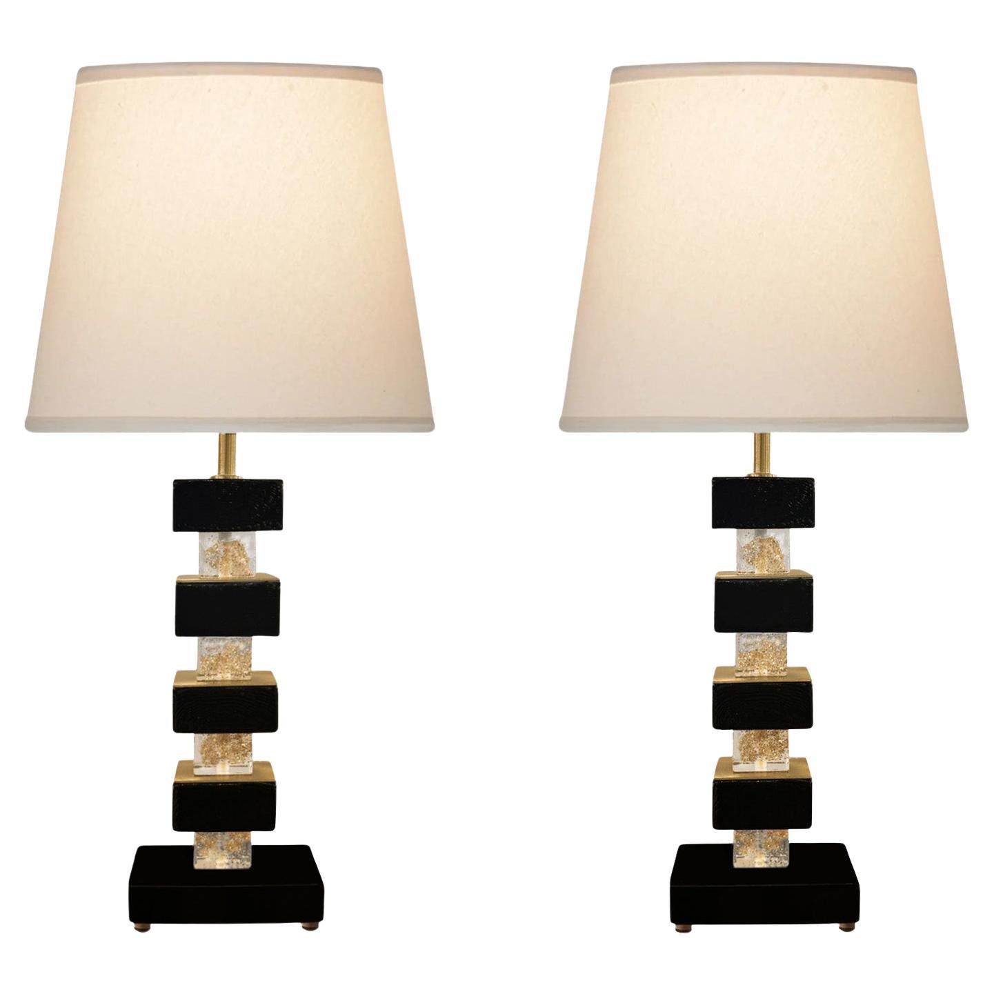 Artisan Pair of Black and Clear Murano Glass Cube Table Lamps