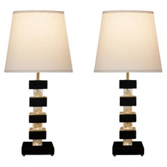 Artisan Pair of Black and Clear Murano Glass Cube Table Lamps