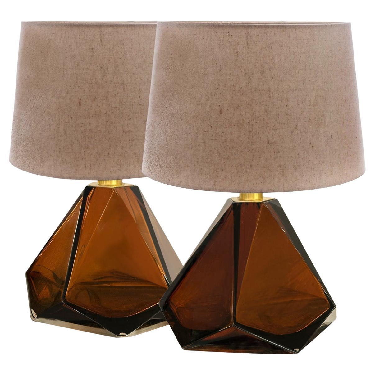 Artisan Pair of Large Amber Faceted Murano Glass Table Lamps 2024 For Sale