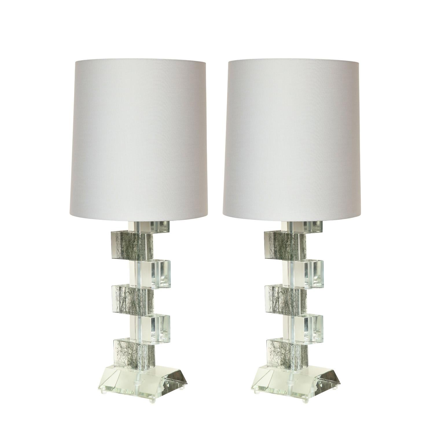 Hand made Murano clear glass block table lamps with alternating blocks of silver leaf filament inclusions, Italy 2022.

Lampshades are sold separately.