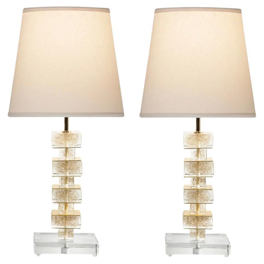 Artisan Pair of Murano Glass Cube Table Lamps