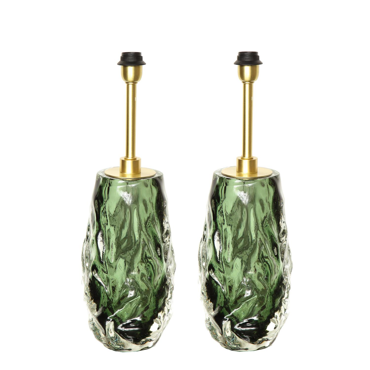 Elegant pair of hand-blown Murano sommerso emerald and clear glass table lamps with brass fittings. Italy.

These lamps are available in different glass colors by special order. Please enquire for availability. Lead time 5-6 weeks. 

Shades sold