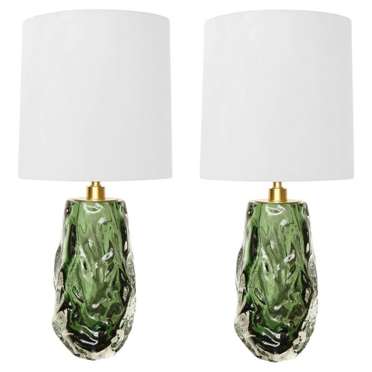 Artisan Pair of Murano Sommerso Emerald Glass Table Lamps, 2022 For Sale