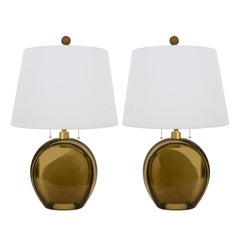 Artisan Pair of Murano Sommerso Glass and Brushed Brass Table Lamps