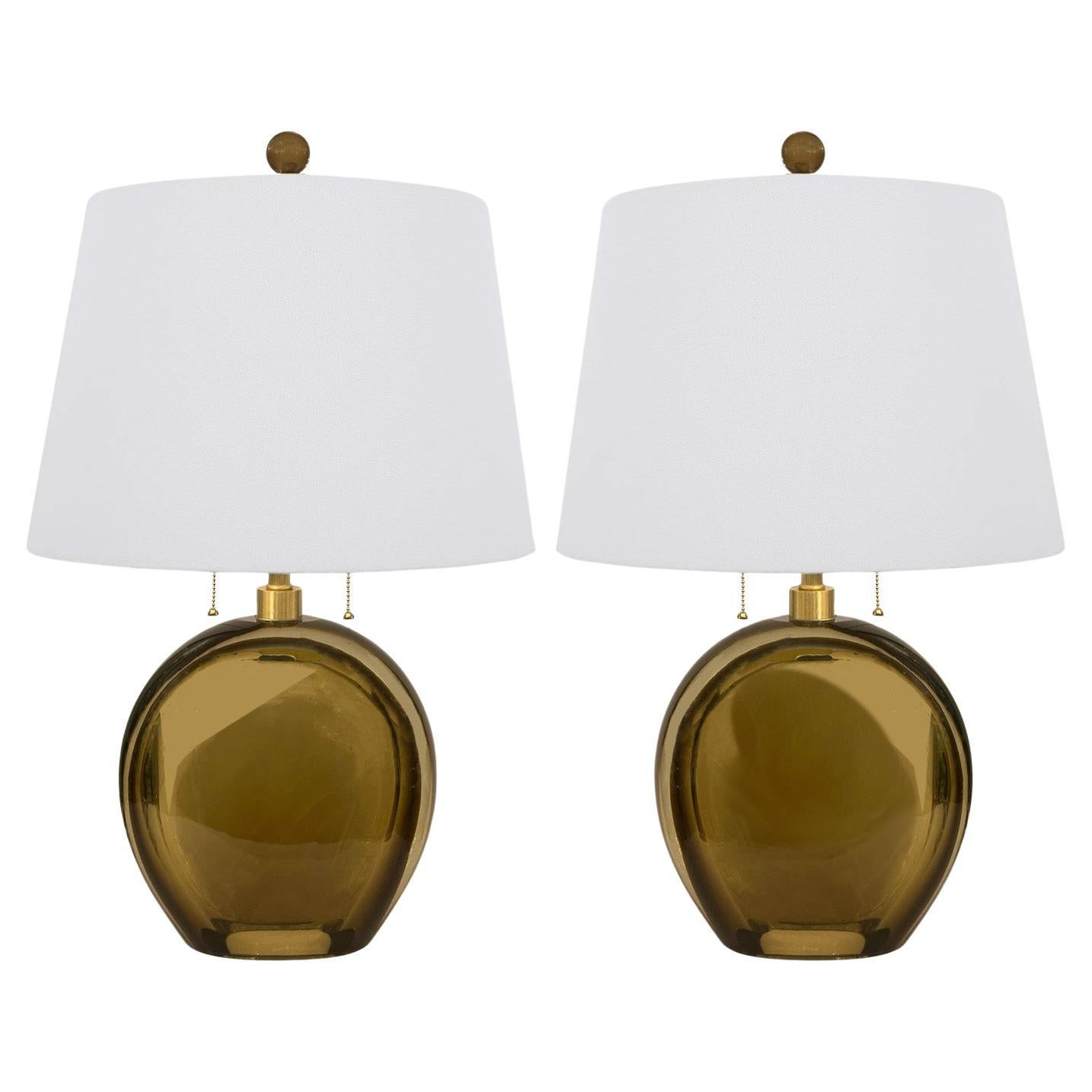 Artisan Pair of Murano Sommerso Glass and Brushed Brass Table Lamps For Sale