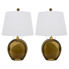 Artisan Pair of Murano Sommerso Glass and Brushed Brass Table Lamps