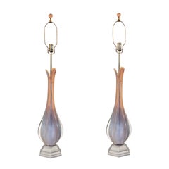 Artisan Pair of Sommerso Murano Glass Petal Top Lamps
