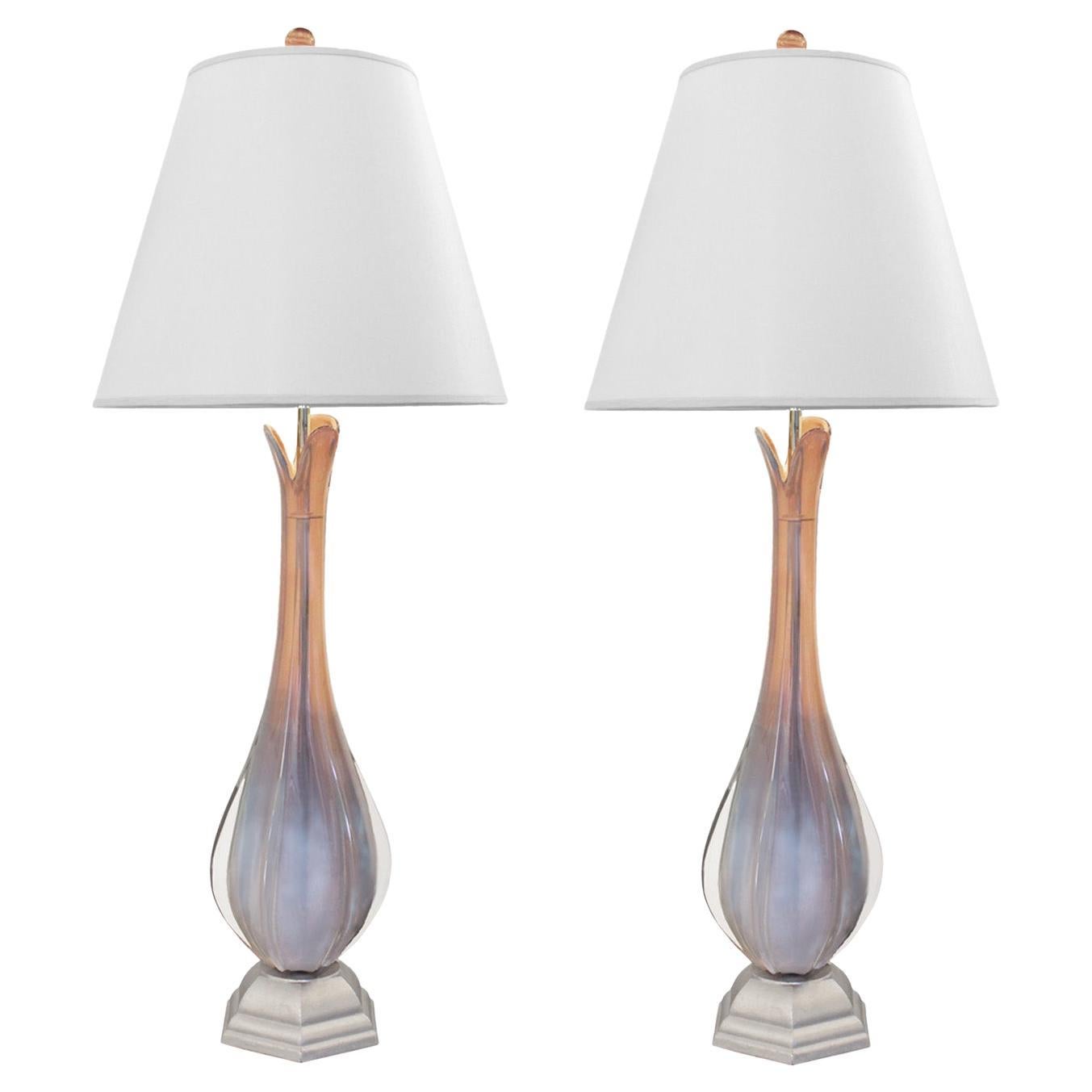 Artisan Pair of Sommerso Murano Glass Petal Top Lamps For Sale