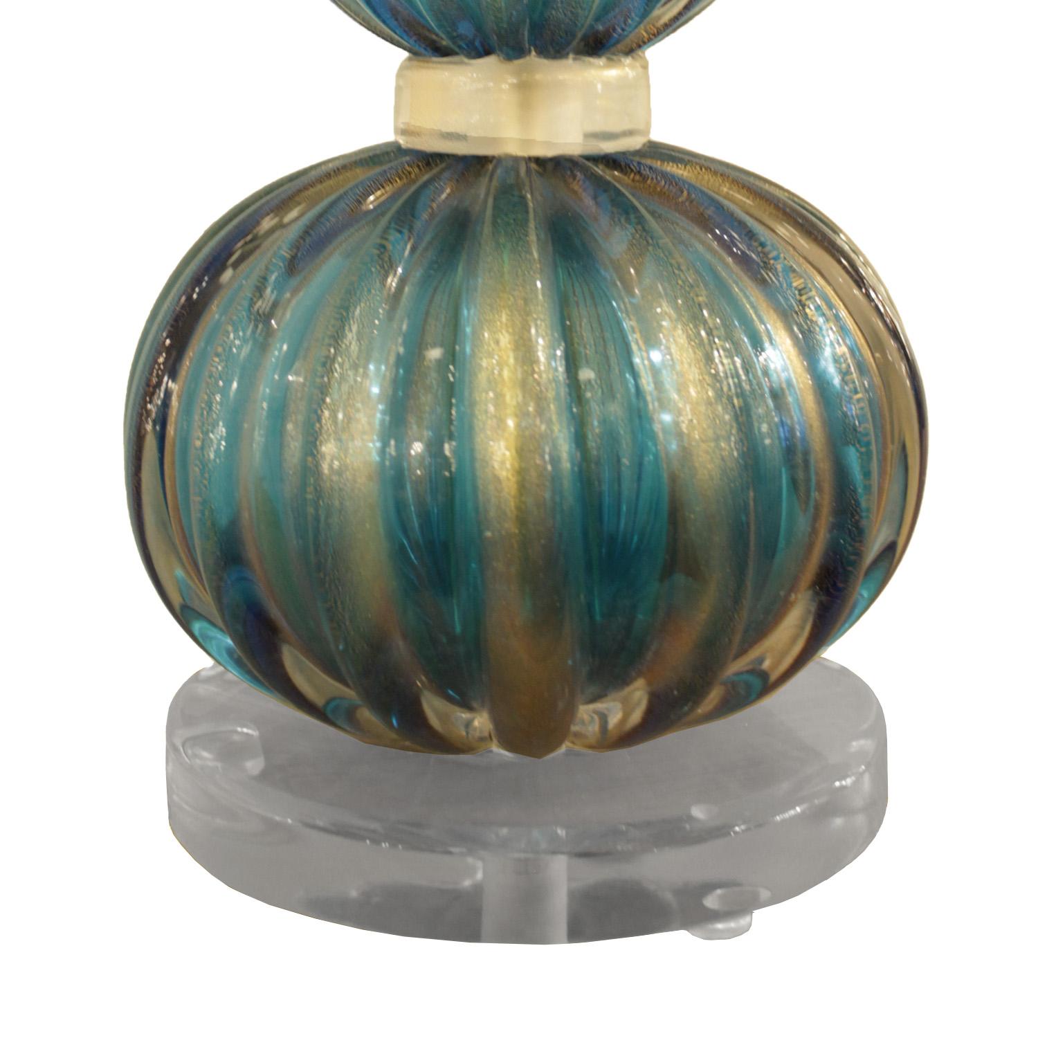 Italian Artisan Pair of Turquoise Rigadin Glass with Aventurina Table Lamps For Sale