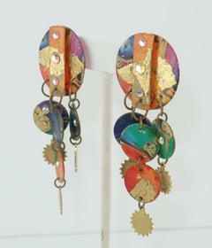 Artisan Papier Mache Gold Leaf Dangle Earrings, 1980's