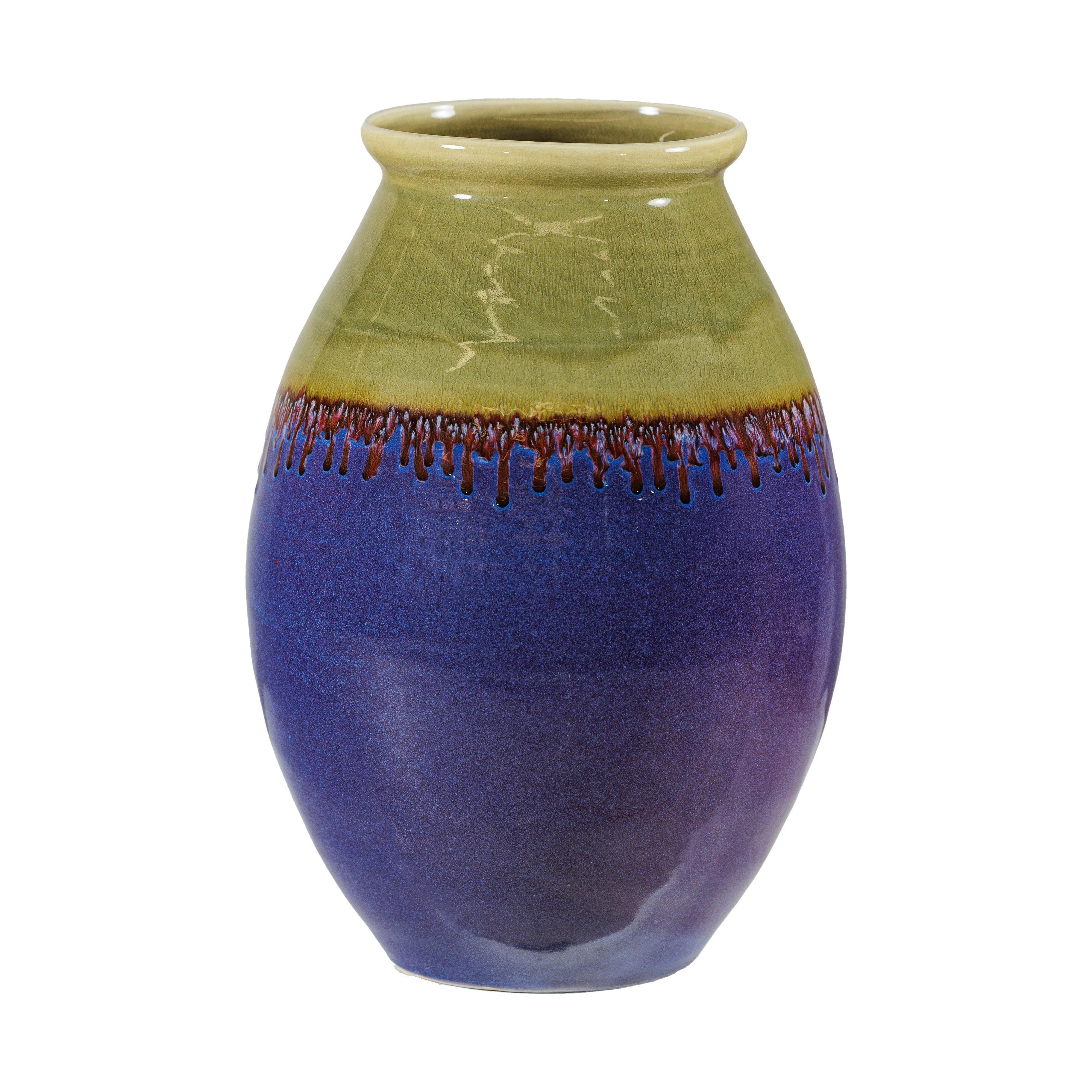 Jarrón ovoide de cerámica esmaltada artesanal morado y verde oliva con detalle de goteo en venta 7