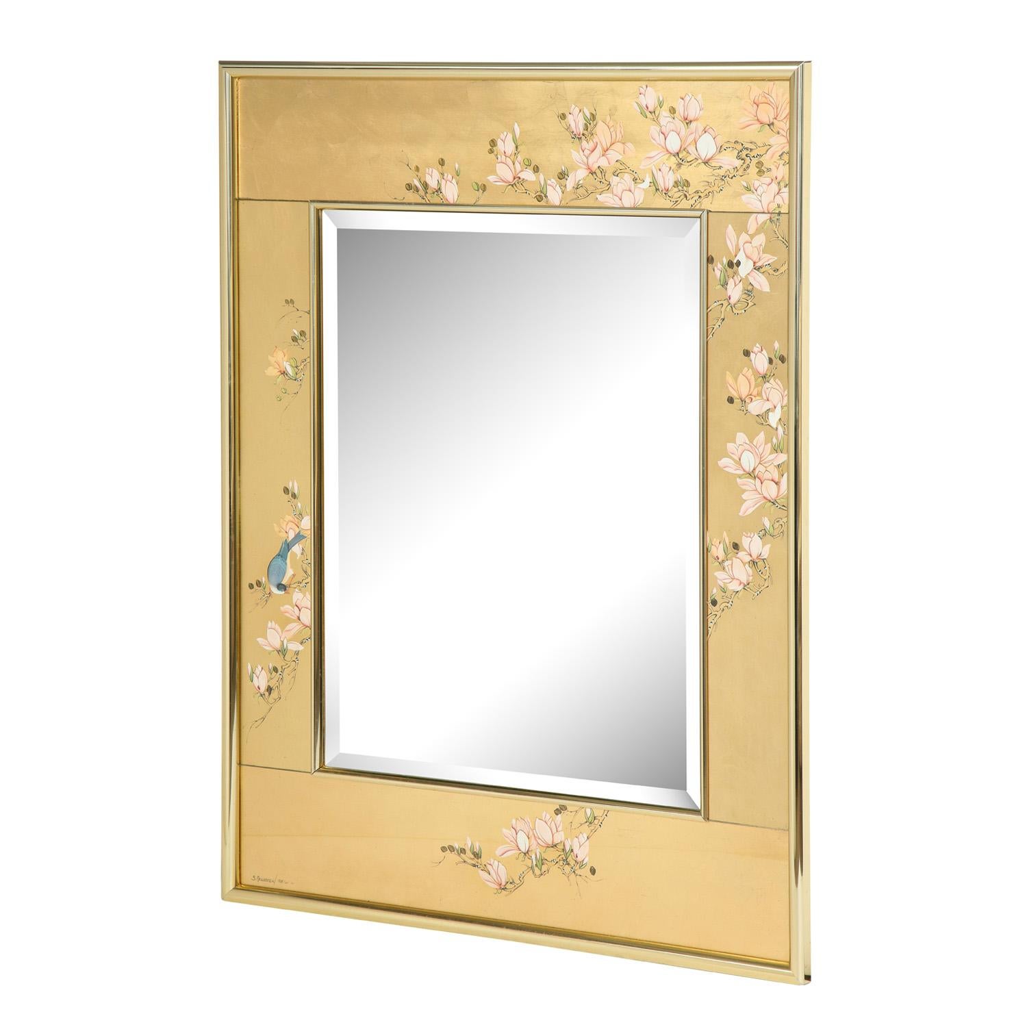 Artisan reverse painted mirror, gold leaf with flowering magnolia branches and bluebird, by S. Goldstein, American 1988 (signed 