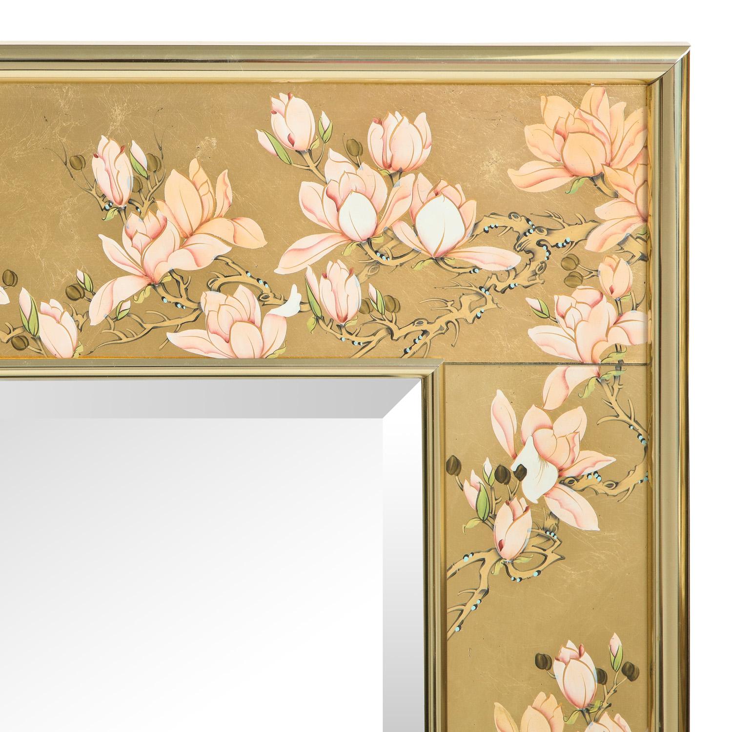 Chinoiserie Artisan Reverse Painted Mirror in Gold Leaf with Magnolia Branches 1988 'Signed'
