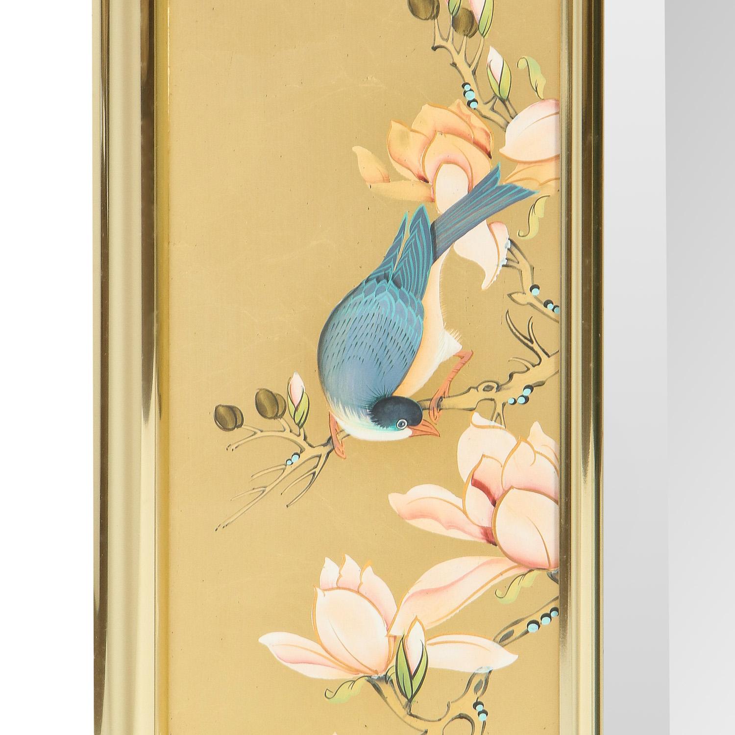 American Artisan Reverse Painted Mirror in Gold Leaf with Magnolia Branches 1988 'Signed'