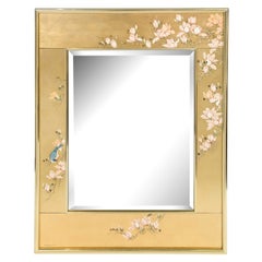 Vintage Artisan Reverse Painted Mirror in Gold Leaf with Magnolia Branches 1988 'Signed'