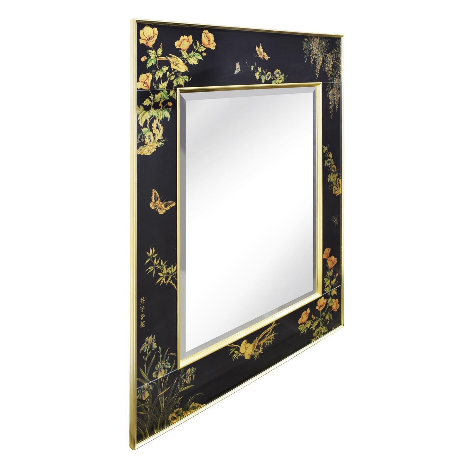 Exquisite artisan reverse panted mirror with butterfly motif and Chinese symbols with gilded frame by Broner, American, 1983 (signed and dated). This mirror is a work of art. The framed mirror is beveled.