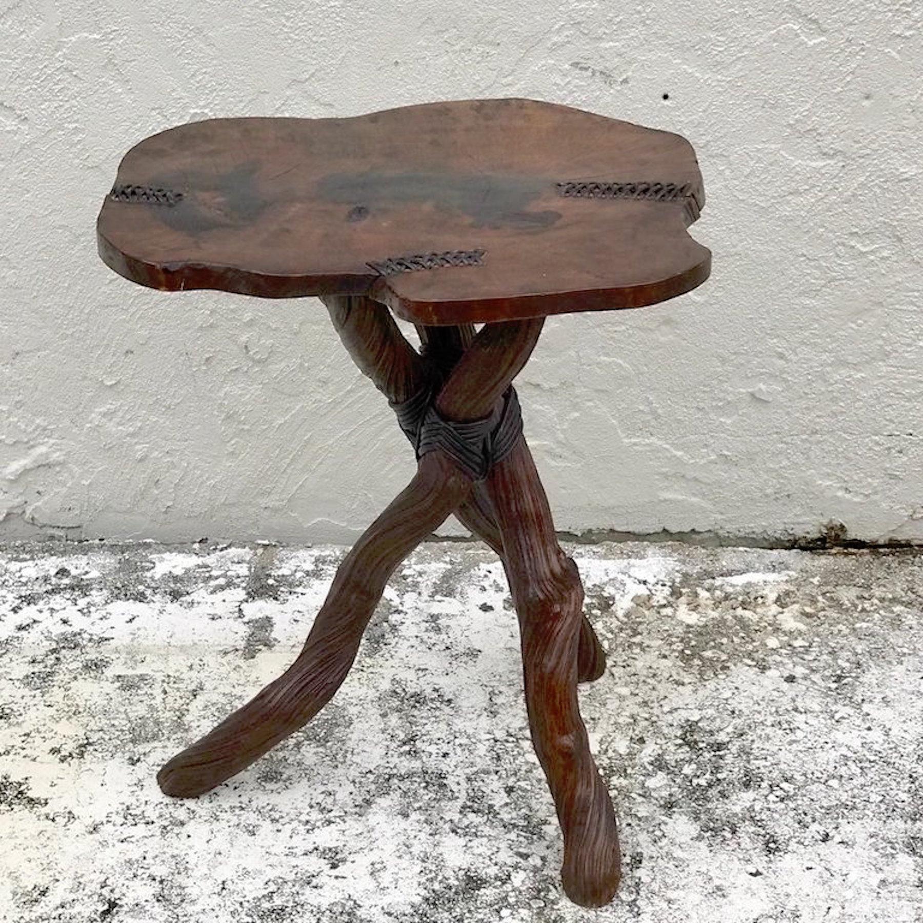 Artisan root table with leather, the live edge slab with sewn leather details, raised on leather wrapped root tripod base.
FREE LOCAL WHITE GLOVE SHIPPING -PALM BEACH to MIAMI 