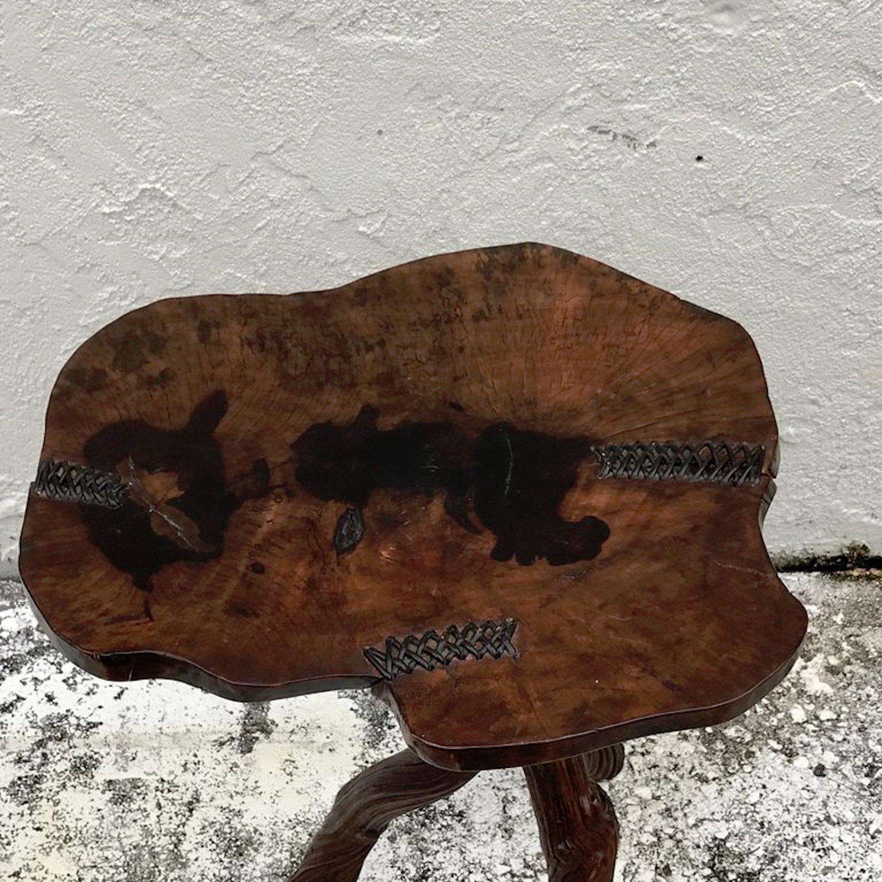 20th Century Artisan Root Table with Leather Detail