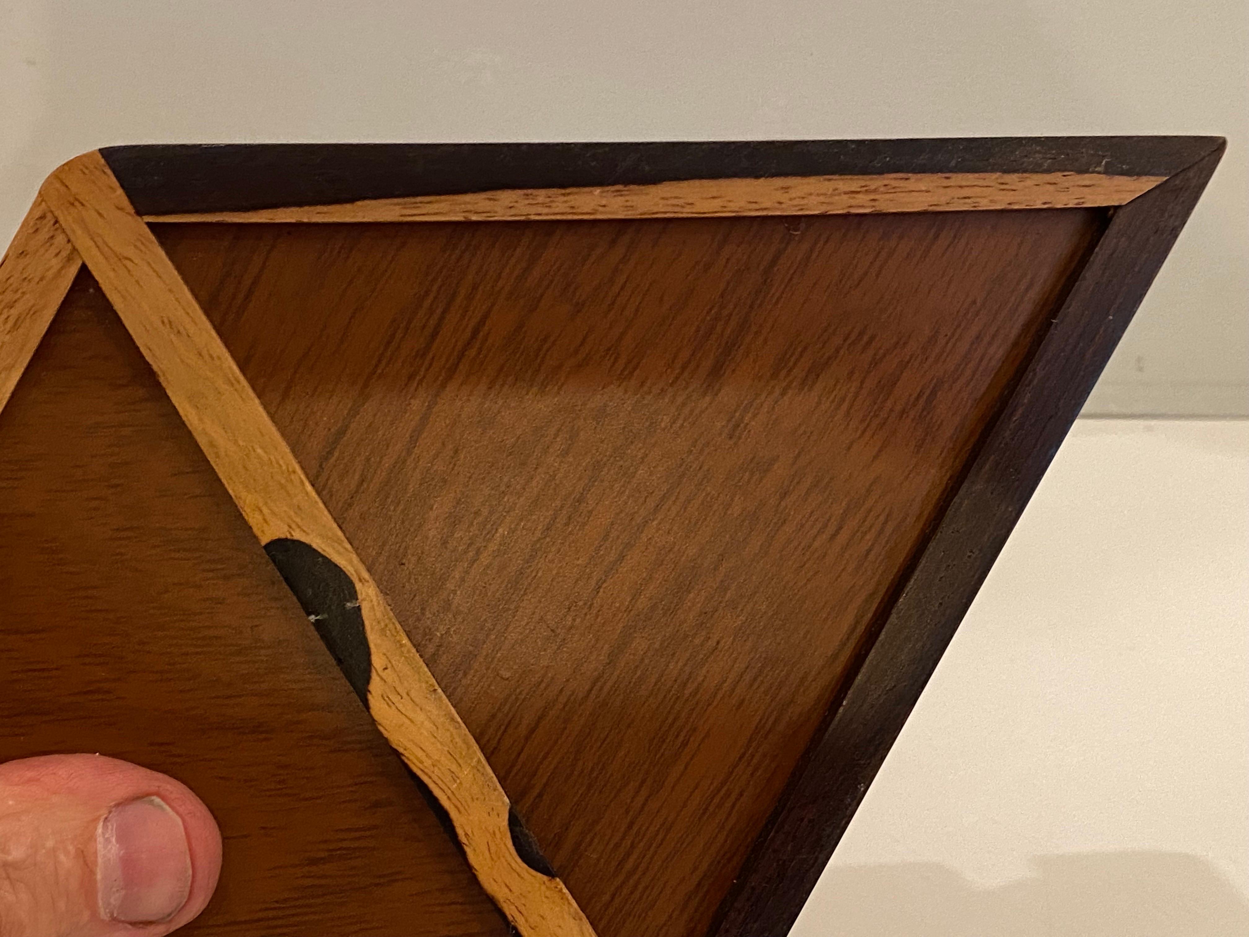 Beautifully made Rosewood Jewelry Box.  2 Triangular Lids open to reveal a velvet lined interior.  Carved handle makes it easy to access interior.  In very Nice Shape, unsigned!