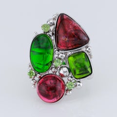 Artisan rubellite tourmaline chrome diopside and demantoid garnet silver ring