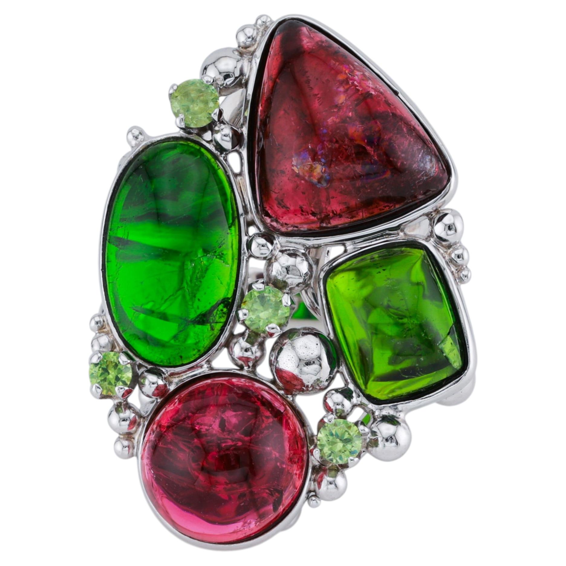 Artisan rubellite tourmaline chrome diopside and demantoid garnet silver ring