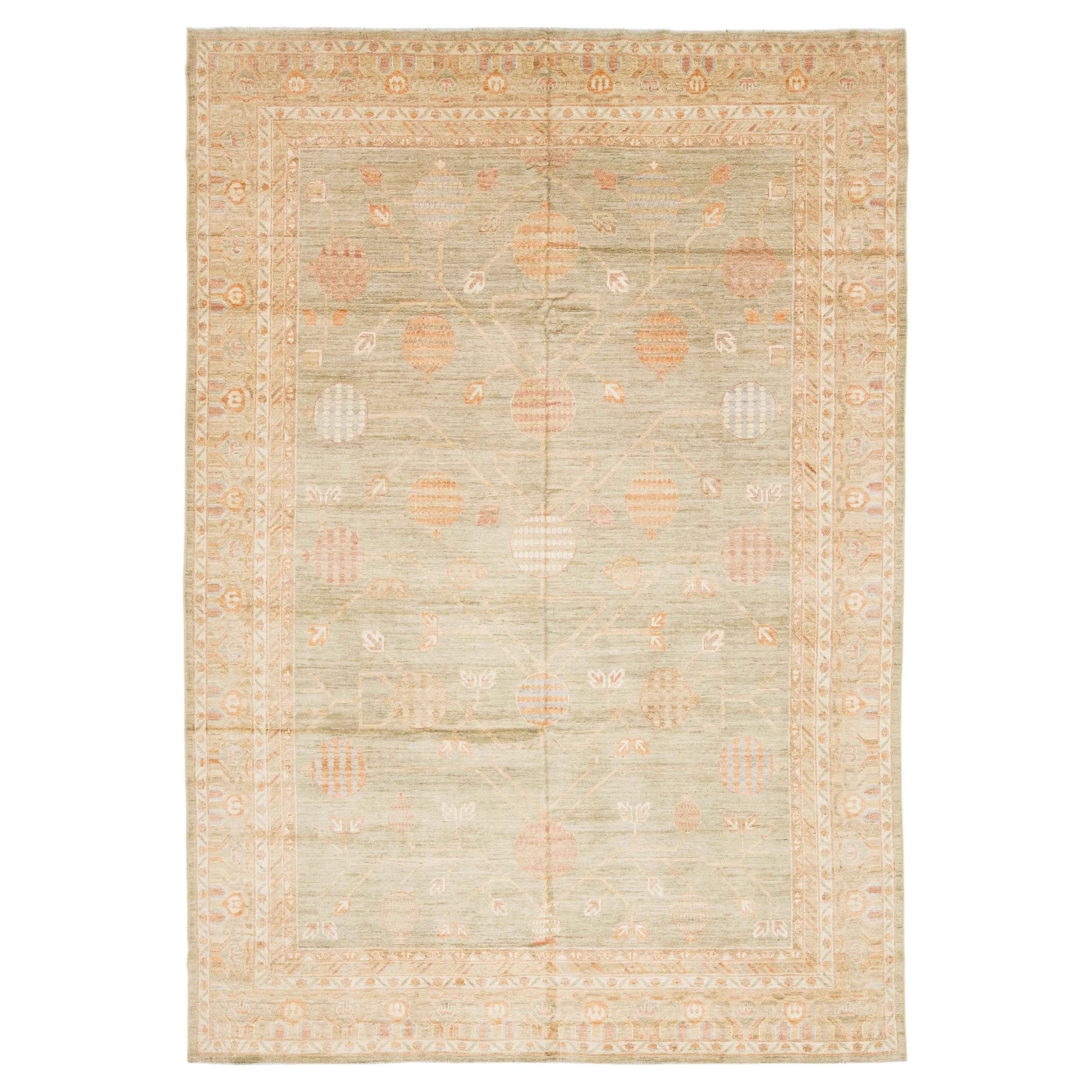Artisan Sage & Terracotta Hand-Knotted Khotan Pomegranate Wool Rug 10x14