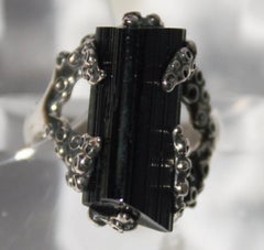 Artisan Schorl crystal octopus silver ring, black tourmaline