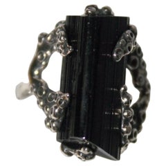 Artisan Schorl crystal octopus silver ring, black tourmaline