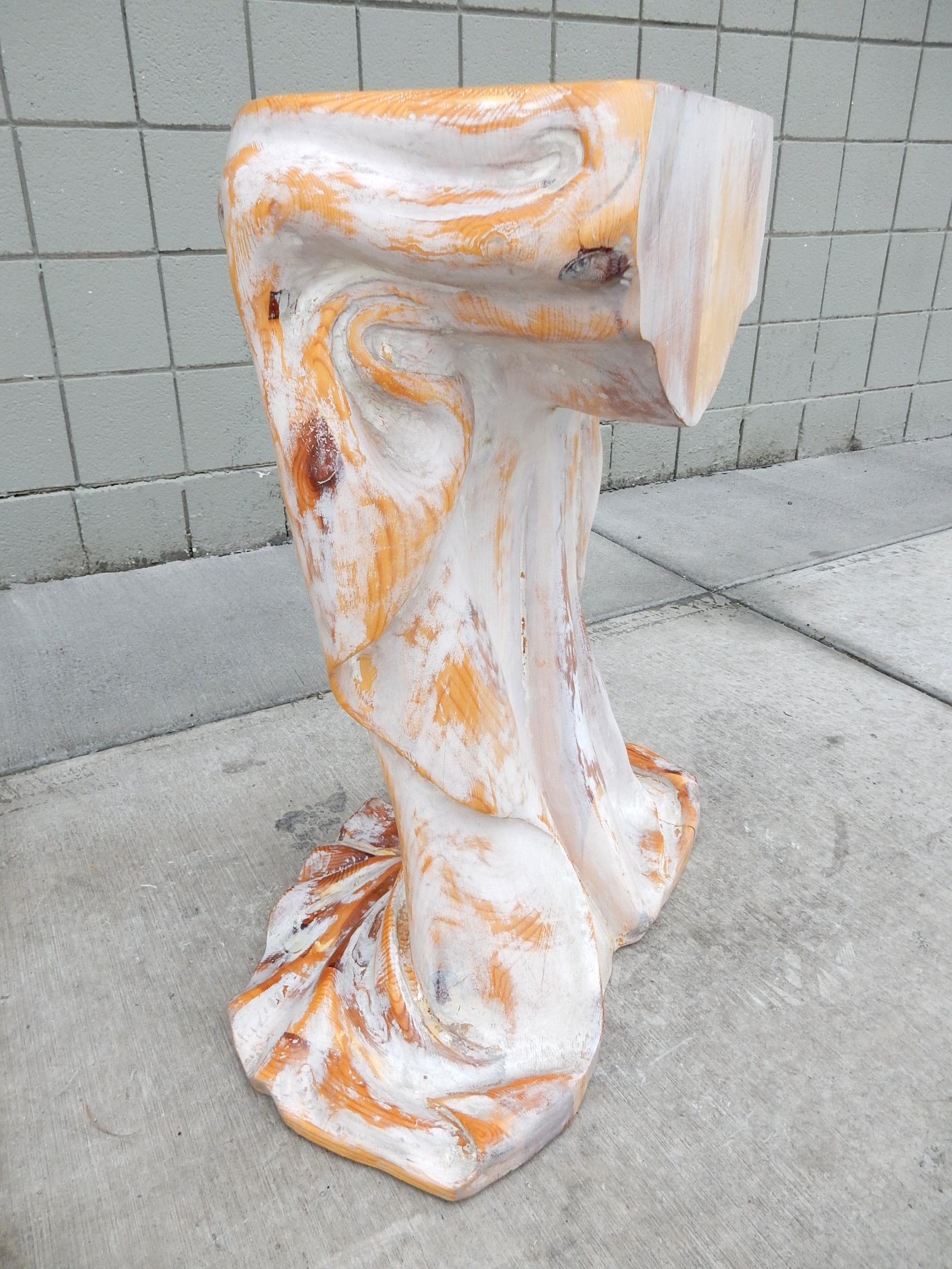 20th Century Artisan Sculpted Draped Cloth Wood Pedestal French White Washed For Sale