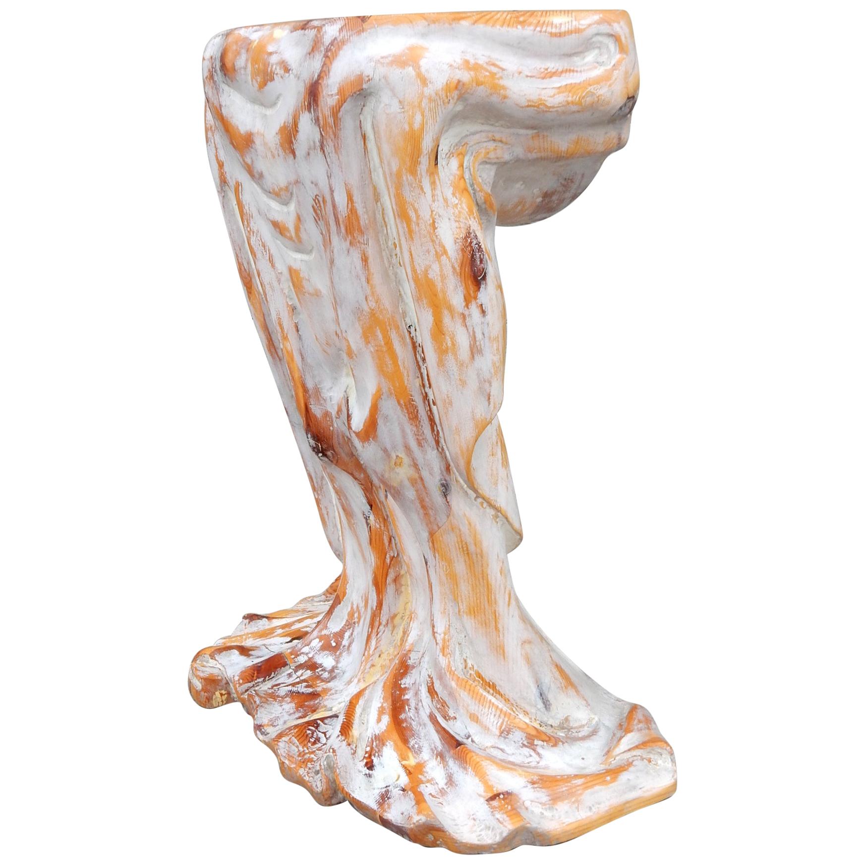 Artisan Sculpted Draped Cloth Wood Pedestal French White Washed For Sale