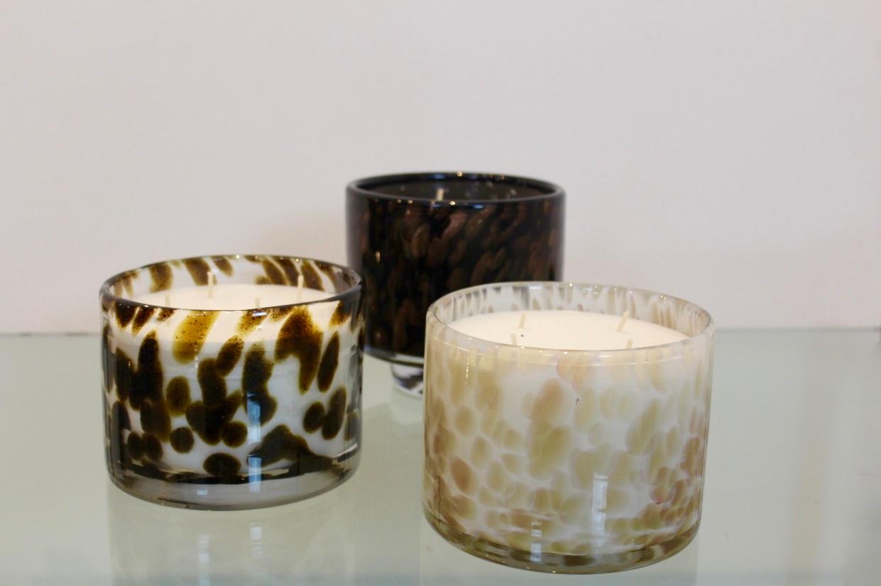 Artisan Set of Hand Blown Leopard Glass Candleholders with Natural Candlewax For Sale 1