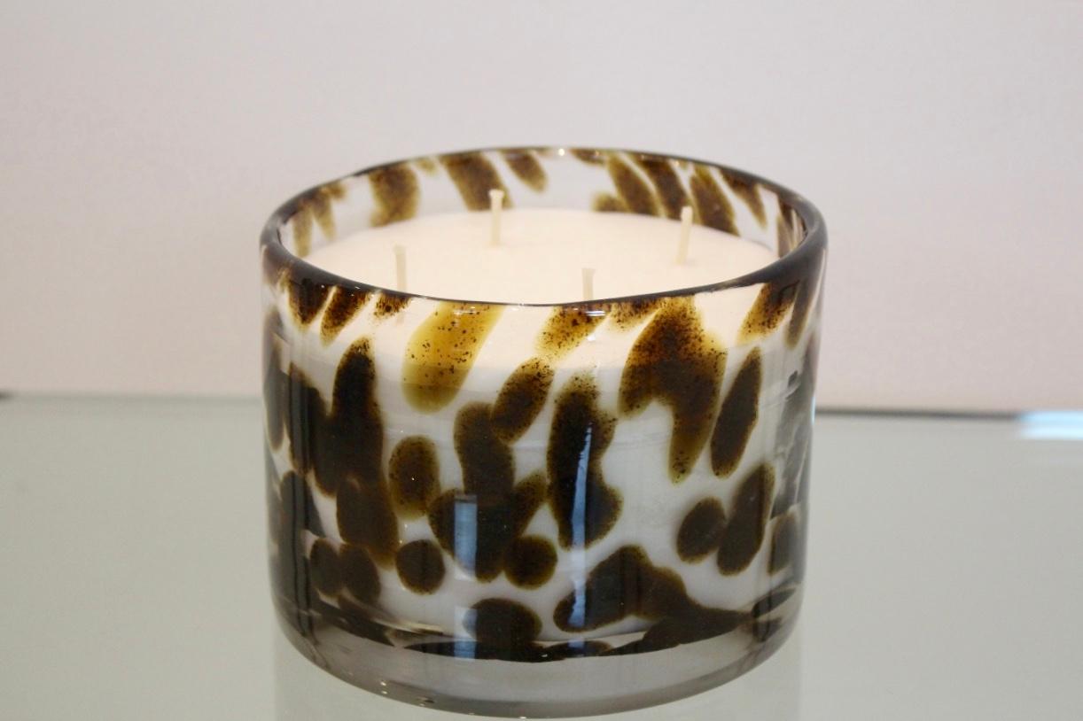 Artisan Set of Hand Blown Leopard Glass Candleholders with Natural ...