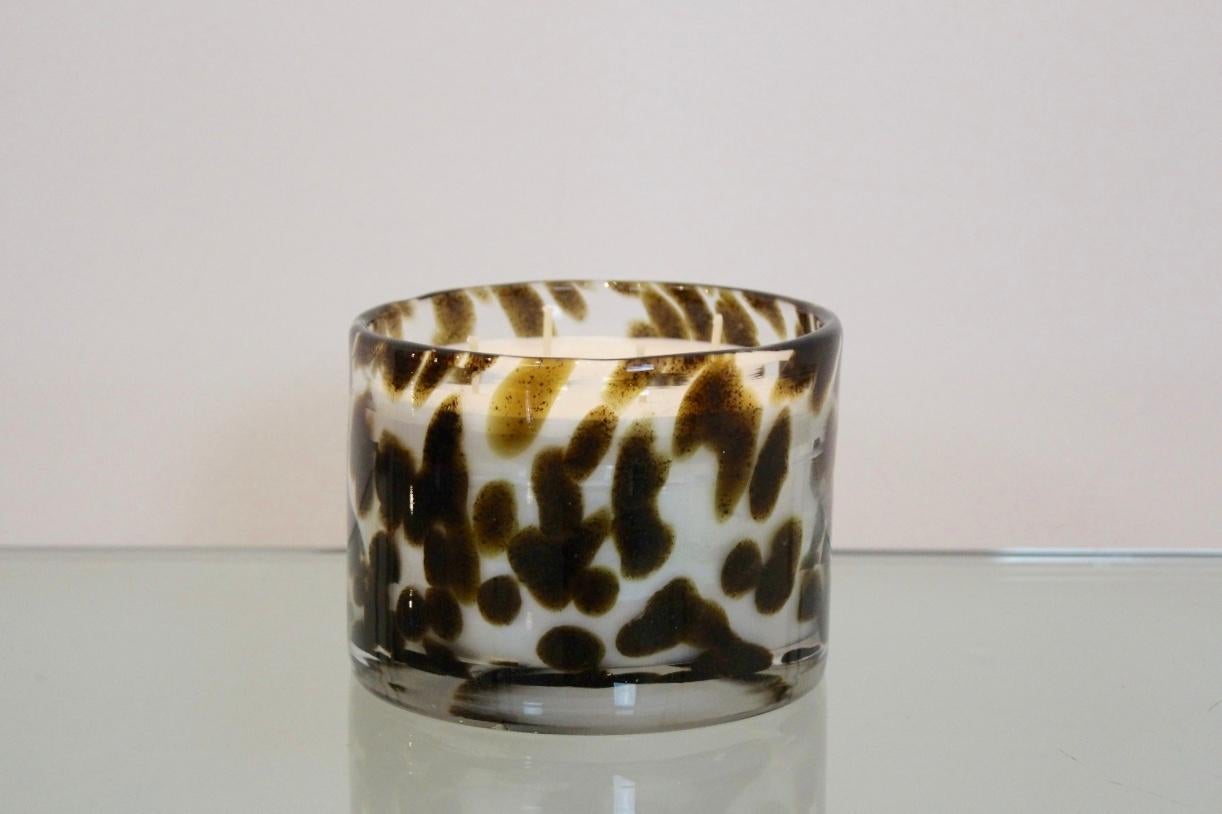 Belgian Artisan Set of Hand Blown Leopard Glass Candleholders with Natural Candlewax For Sale