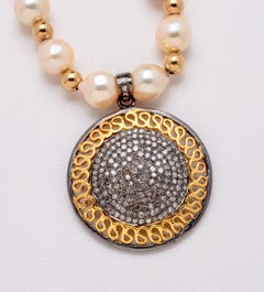 Artisan Silver Diamond Medallion Pendant Pearl Chain Necklace