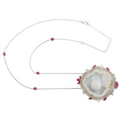 Artisan Sliced Geode Necklace With Ruby Sapphire and Diamond 18K White Gold