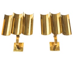 Vintage Artisan Solid Brass Wall Lamps Sconces Art Deco Style, France, 1950