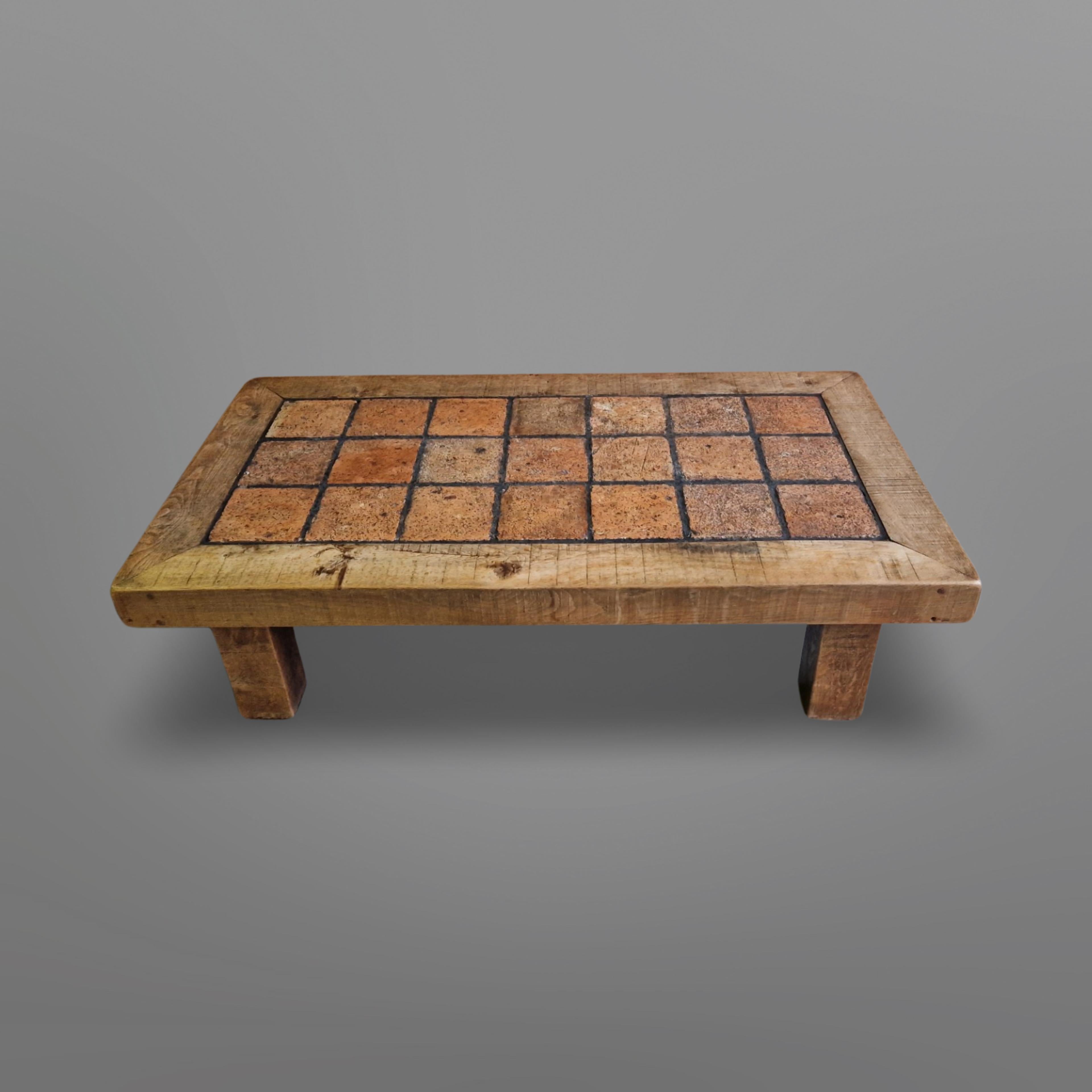 Dutch Artisan solid oak and terracotta coffee table, Netherlands 1970s