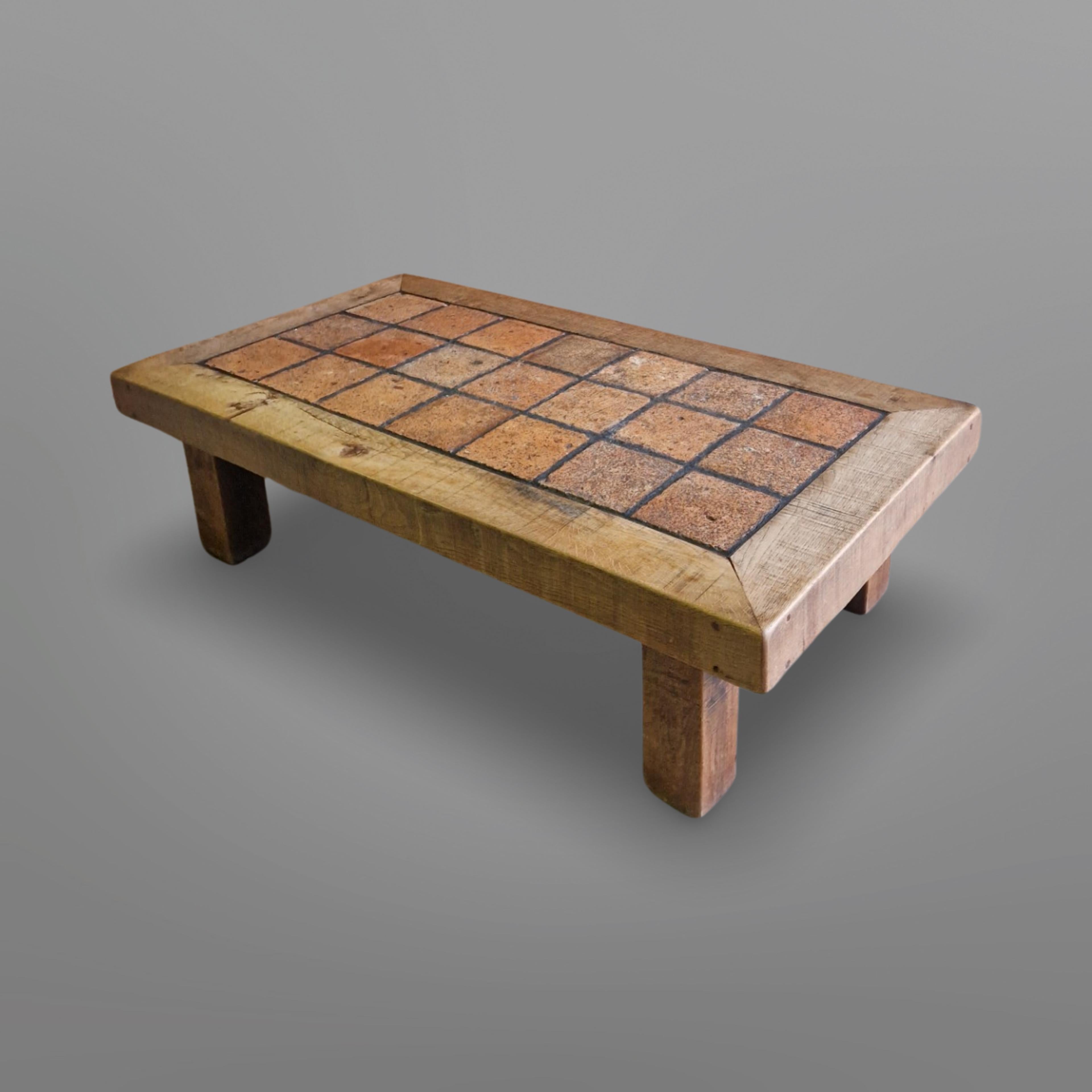 Hand-Crafted Artisan solid oak and terracotta coffee table, Netherlands 1970s