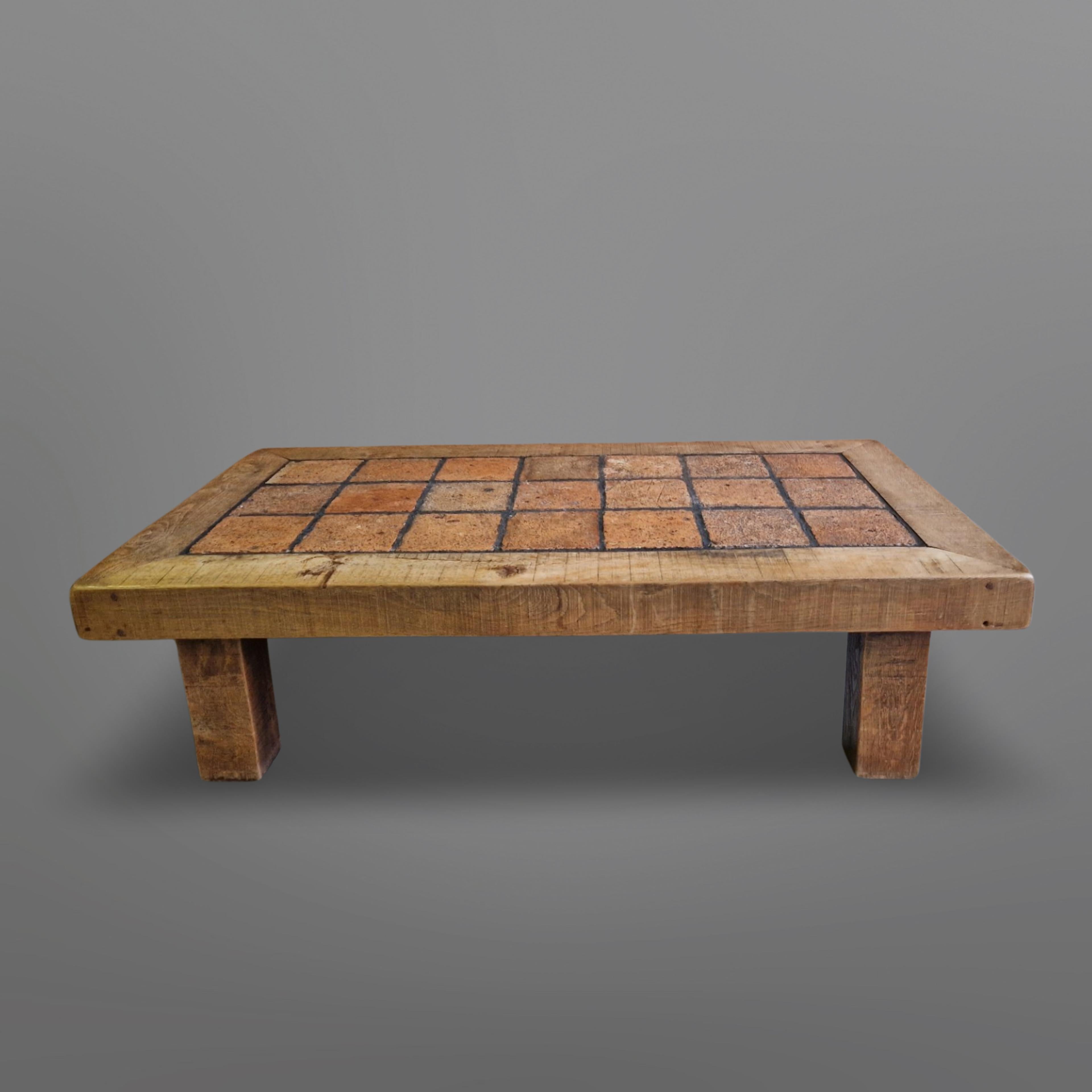 20th Century Artisan solid oak and terracotta coffee table, Netherlands 1970s