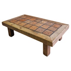 Artisan solid oak and terracotta coffee table, Netherlands 1970s