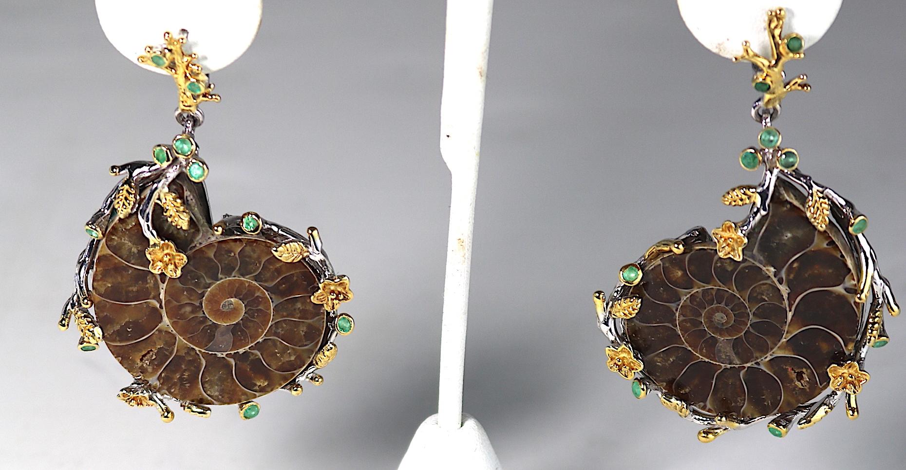 Artisan Sterling Gold Ammonite Fossil Earrings with Emeralds For Sale 3