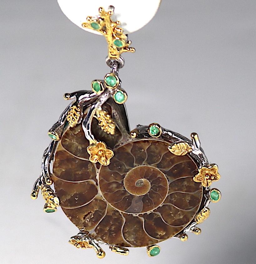 Artisan Sterling Gold Ammonite Fossil Earrings with Emeralds For Sale 4