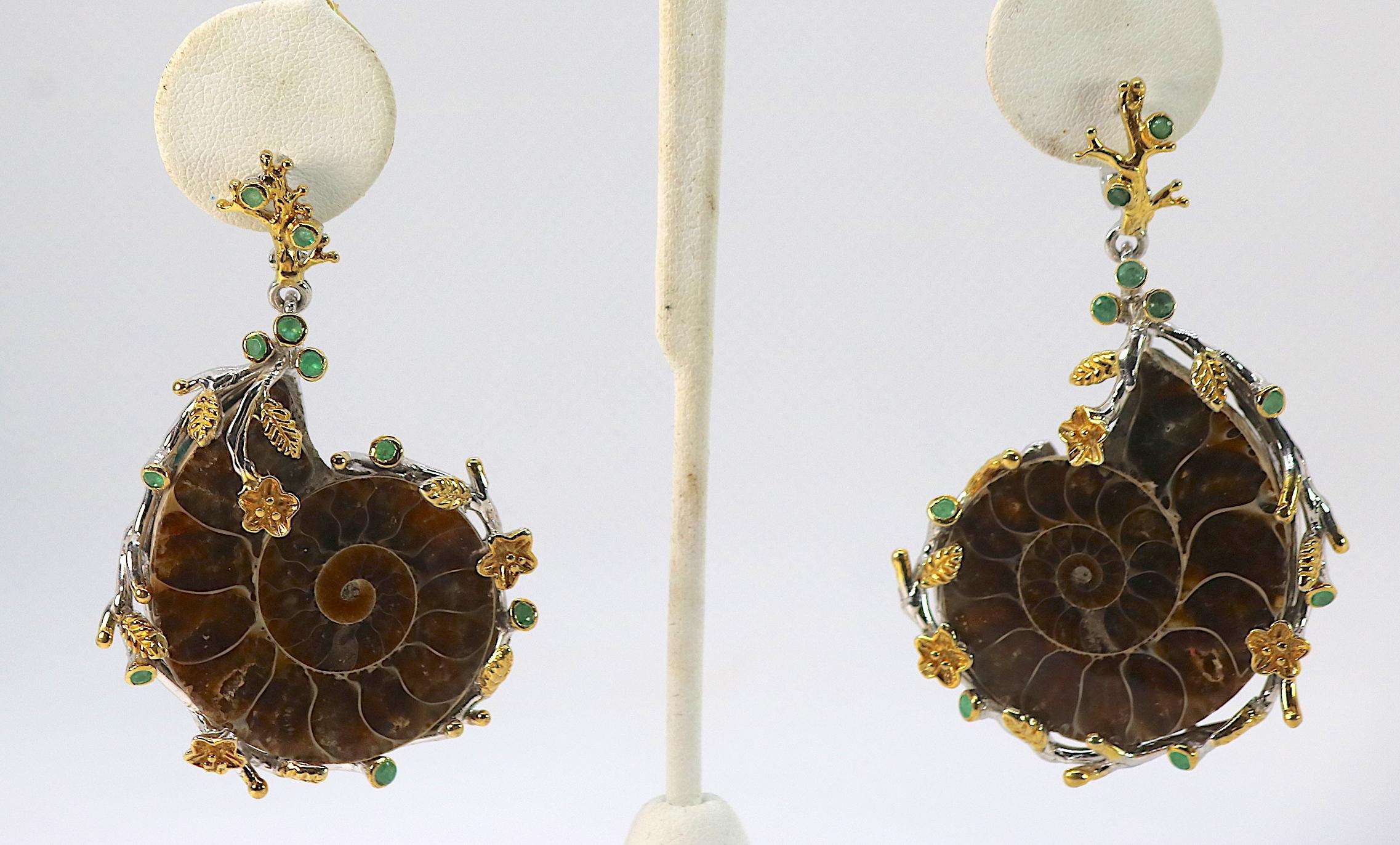 Artisan Sterling Gold Ammonite Fossil Earrings with Emeralds For Sale 6