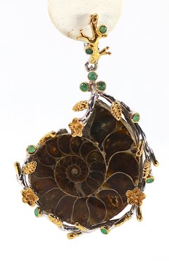 Artisan Sterling Gold Ammonite Fossil Earrings with Emeralds
