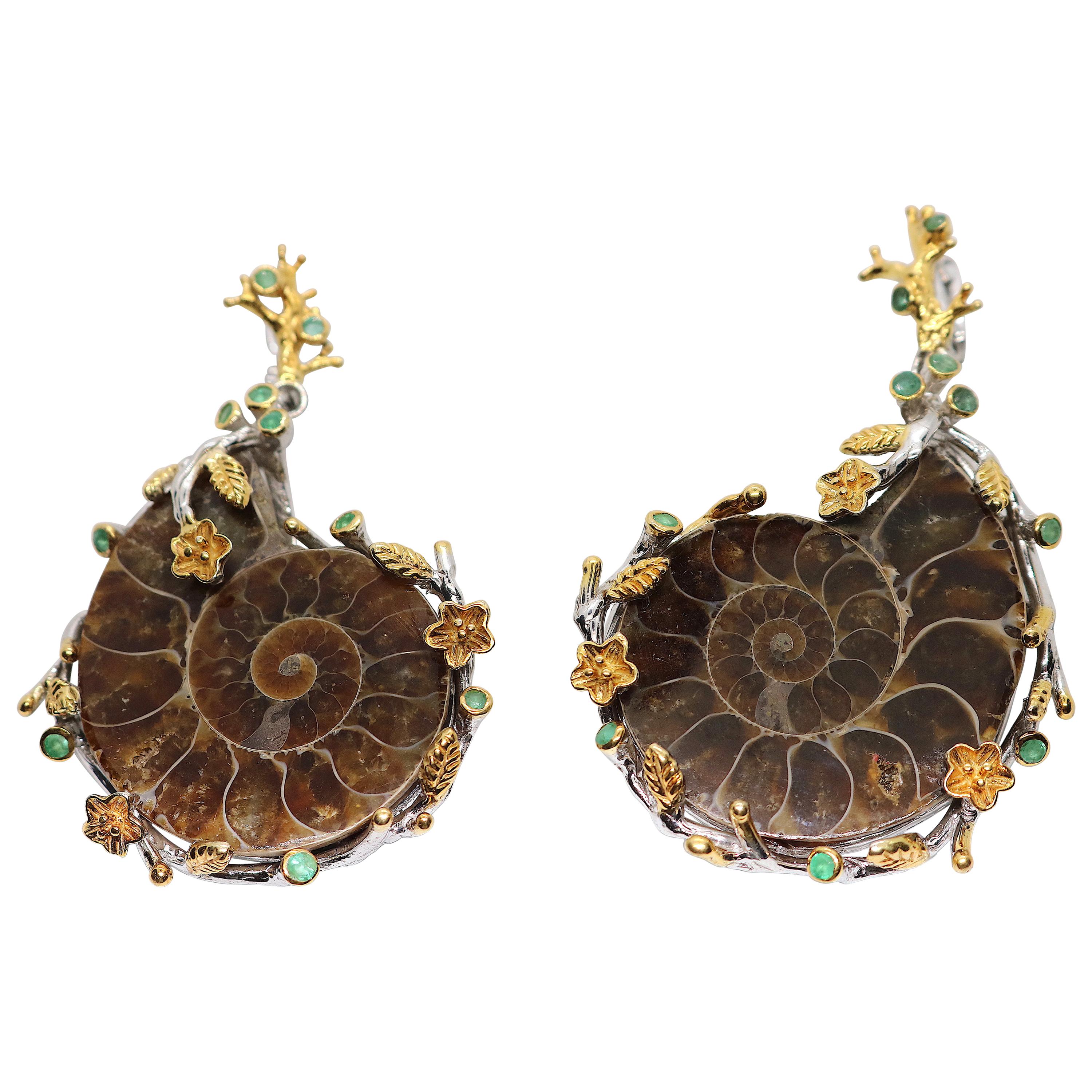 Artisan Sterling Gold Ammonite Fossil Earrings with Emeralds For Sale