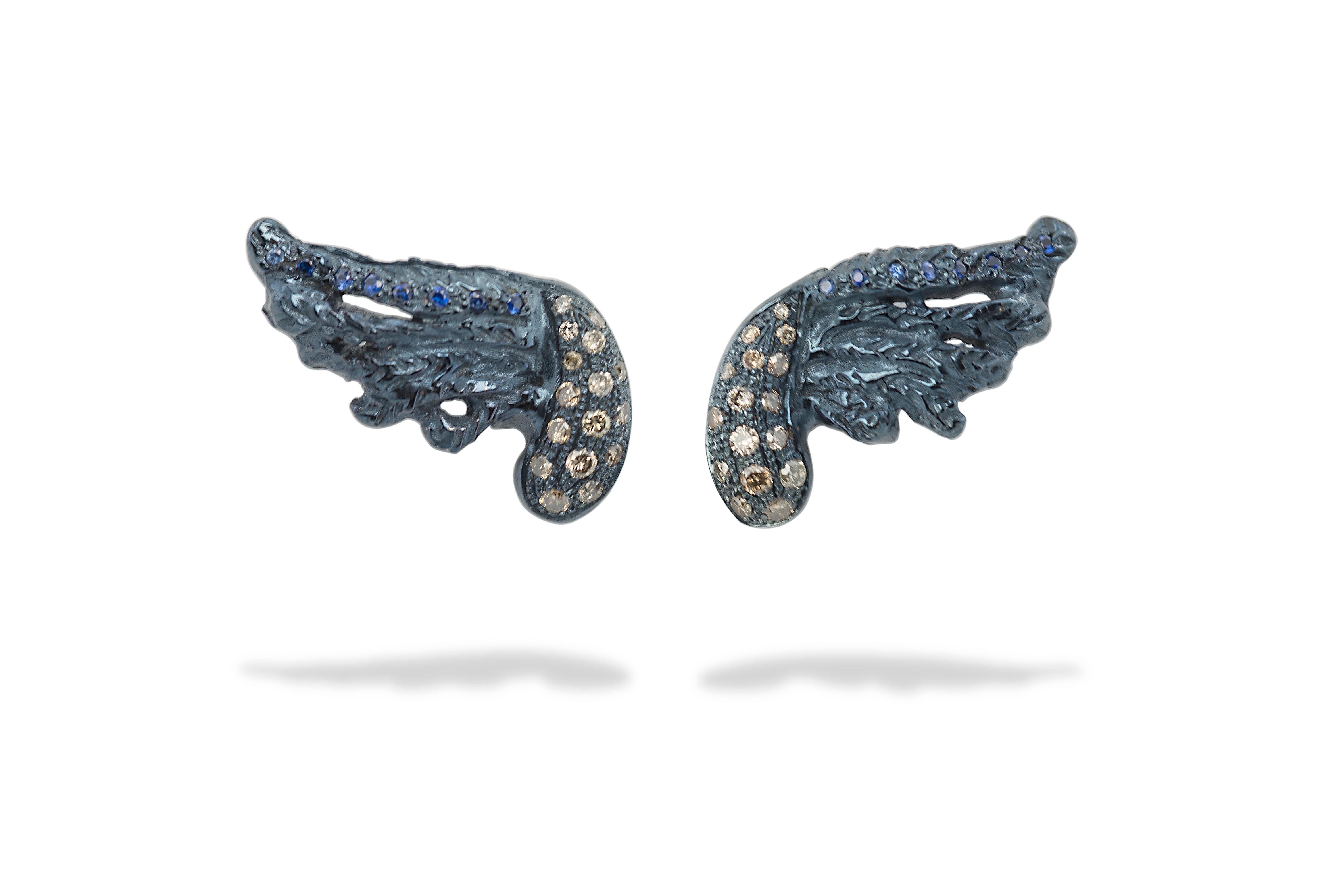 Brilliant Cut Contemporary Sterling Silver 0.30Karat Brown Diamonds Feather Blue Stud Earrings For Sale