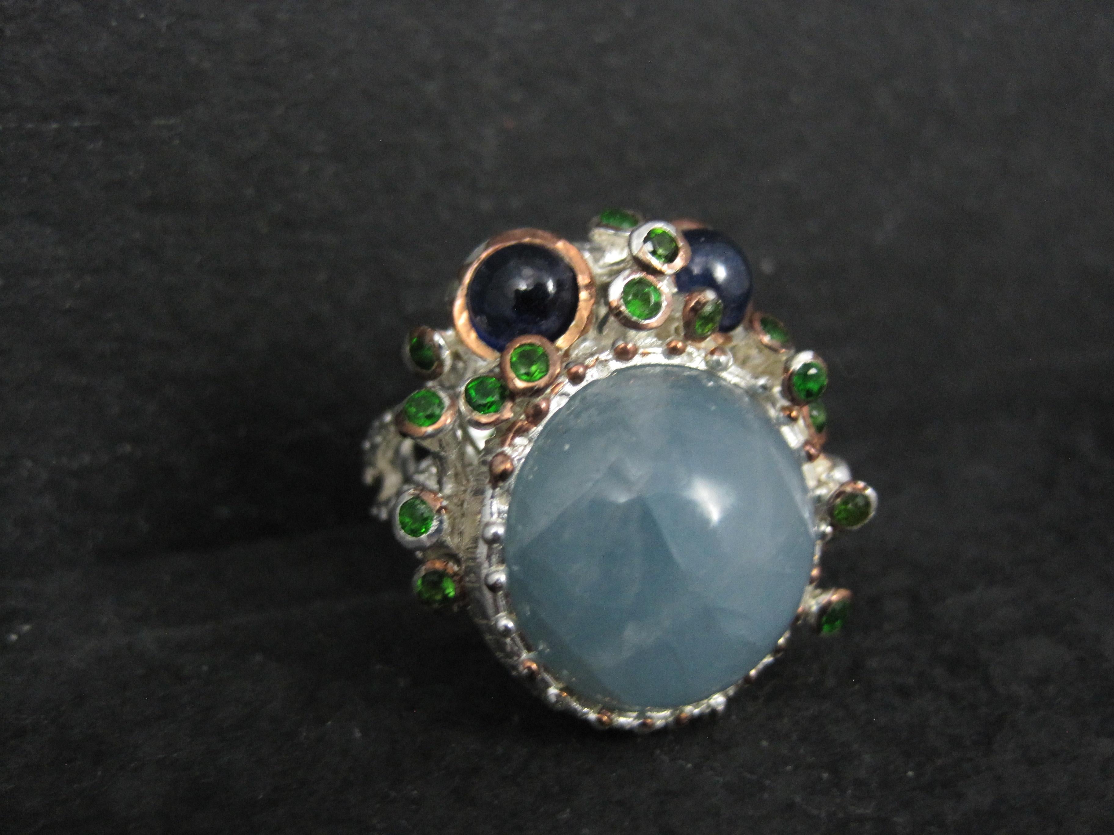 Taille mixte Artisan Sterling Silver Aquamarine Chrome Diopside Iolite Branch Ring Size 8 en vente