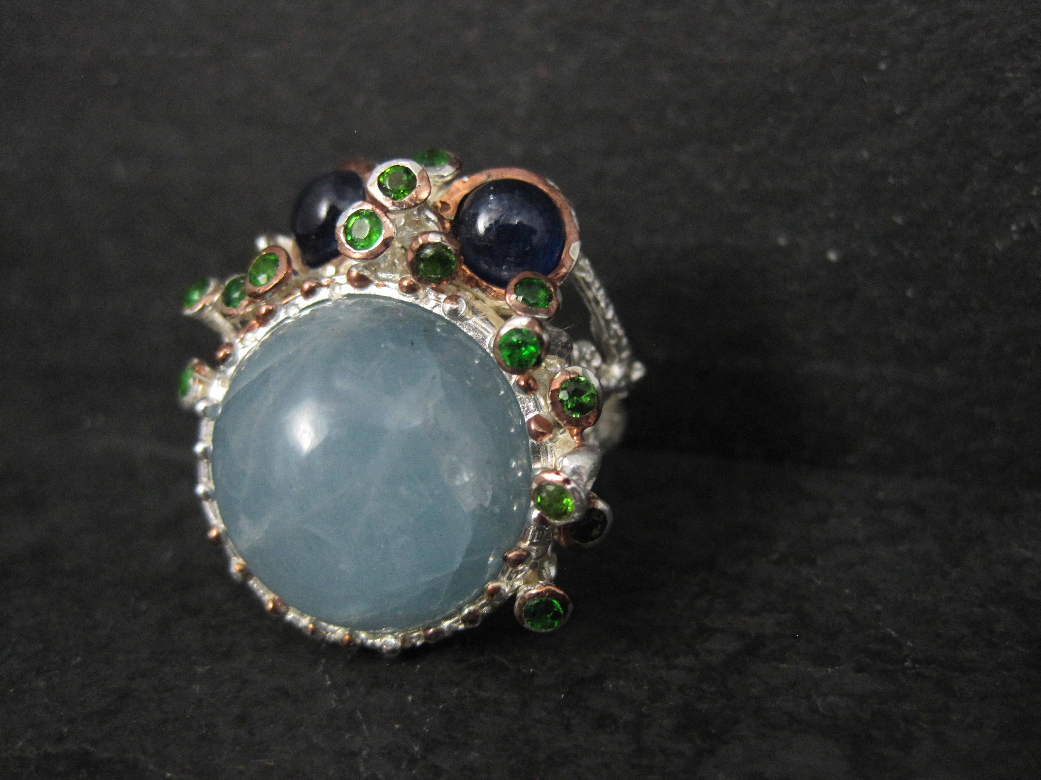 Artisan Sterling Silver Aquamarine Chrome Diopside Iolite Branch Ring Size 8 In New Condition For Sale In Webster, SD